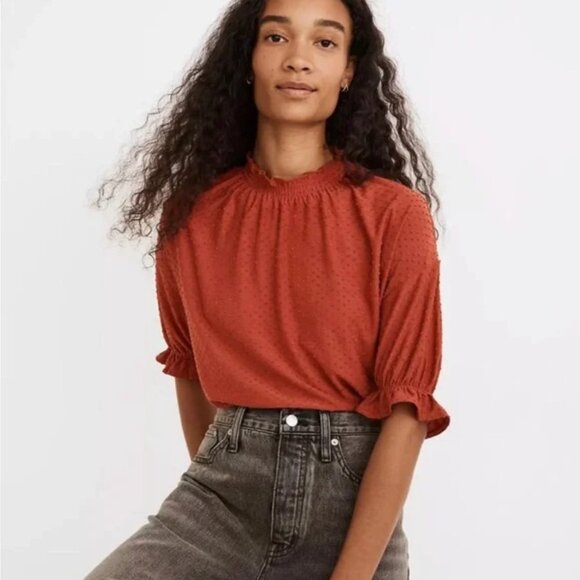 Madewell Tops - Madewell Red Clipdot Ruffle Mock Neck Half-Sleeve Dainty Blouse Size XS